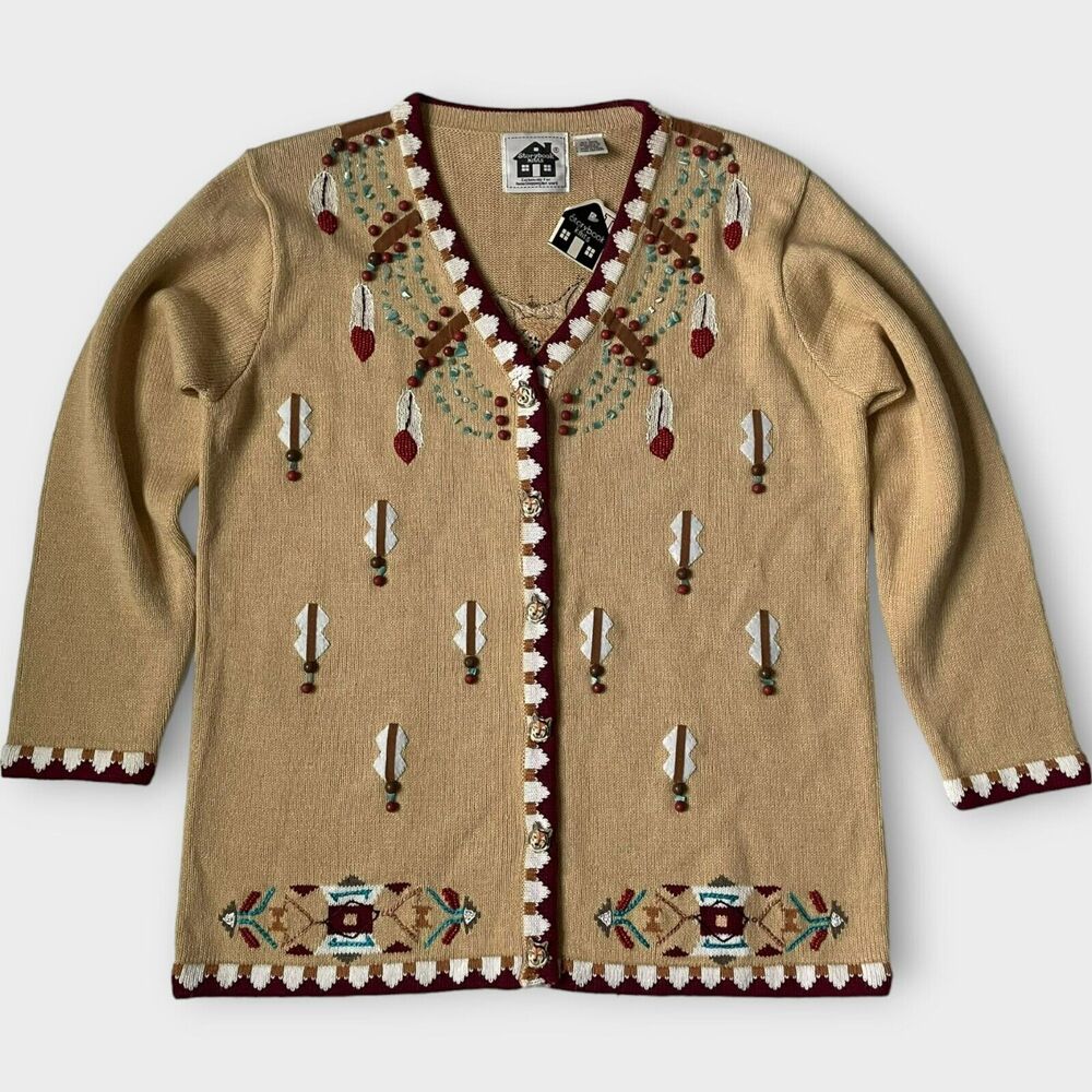 Storybook Knits Cardigan Spirit of the Wolf Beaded Embroider Native Size Large